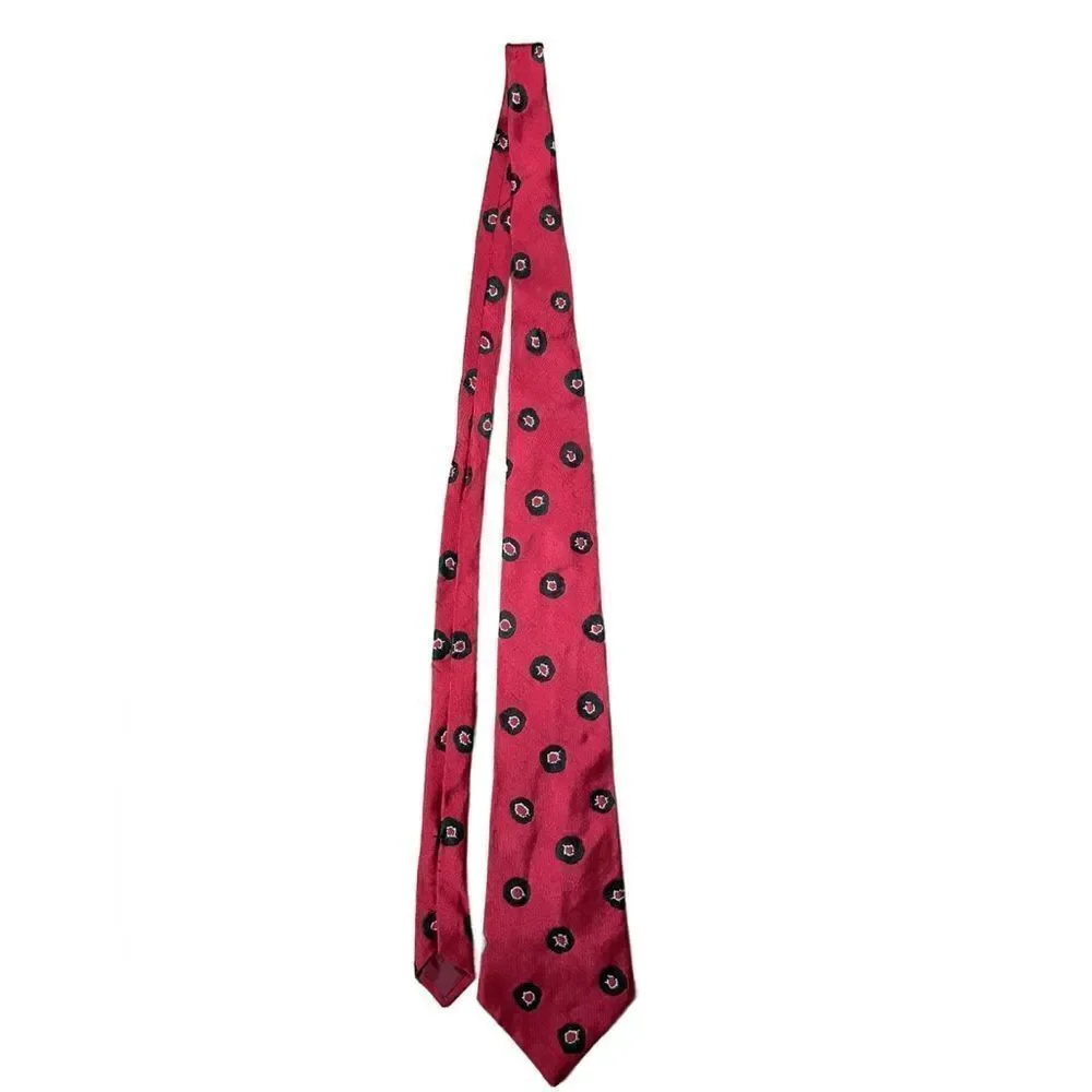 Yves Saint Laurent Vintage 100% Silk Red Christmas Tie w/Green Wreath Designs